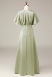 Dusty Sage A Line V Neck Satin Bridesmaid Dress With Short Sleeves