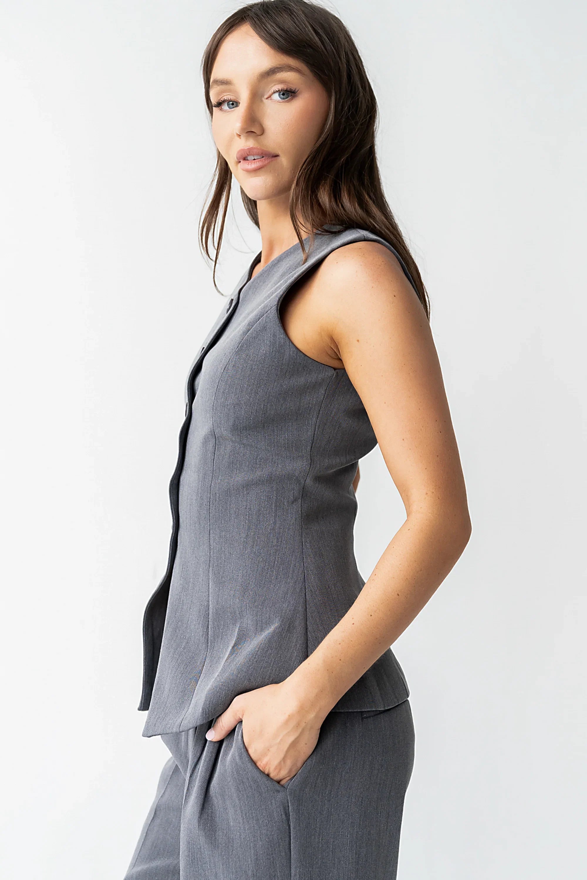 Carrie Button Up Vest in Charcoal