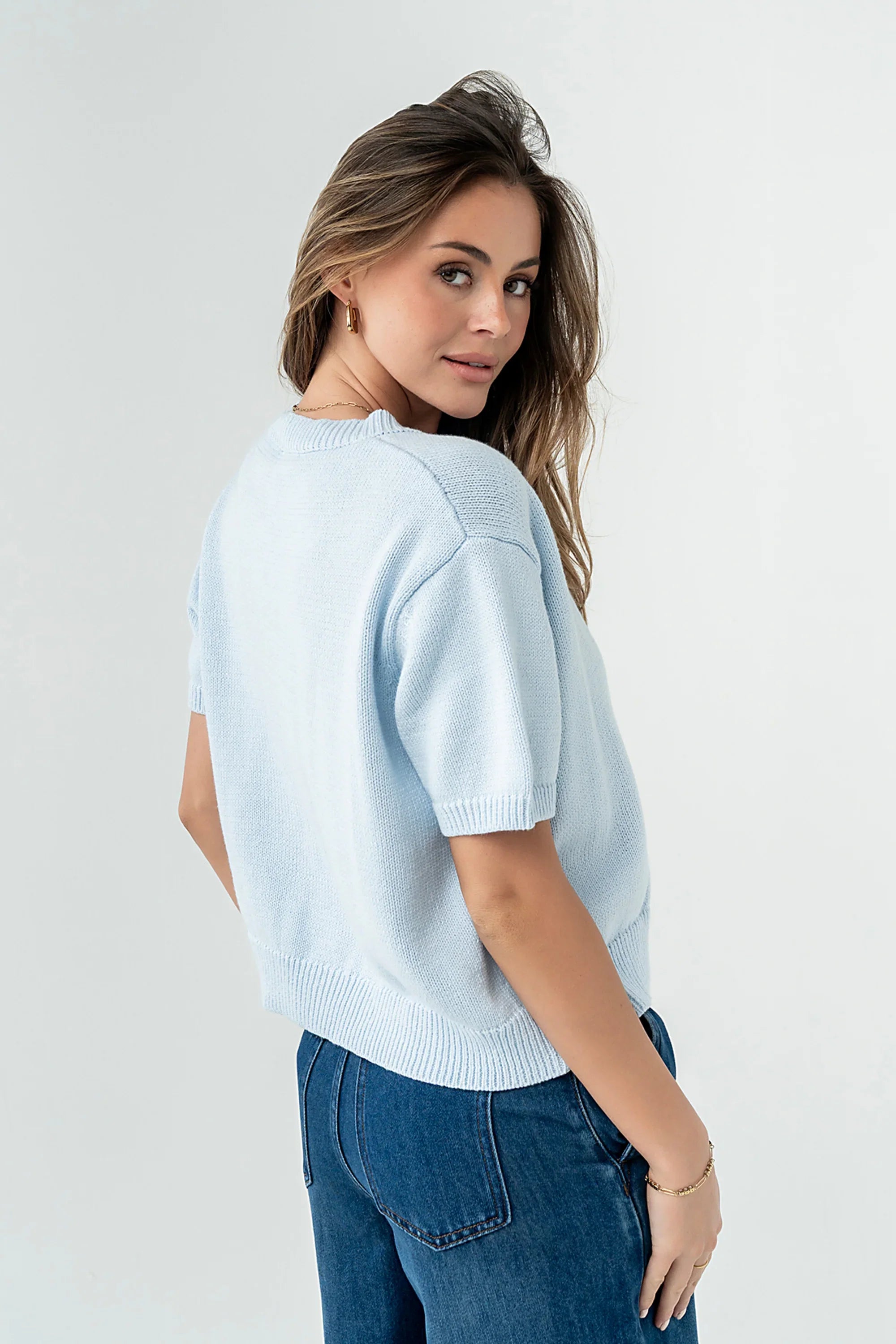 Liza Short Sleeve Cardigan in Blue