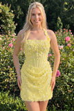 Halter Light Yellow Bodycon Corset Sequin Homecoming Dress