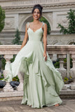 Elegant Matcha A Line High Low Hem Chiffon Long Bridesmaid Dress with Ruffles