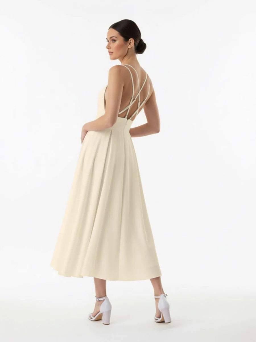 A Line V Neck Sleeveless Satin Knee Length Wedding Dress