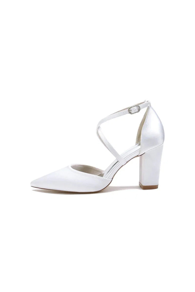 White Satin Pump with Cross Strap and Metal Accent