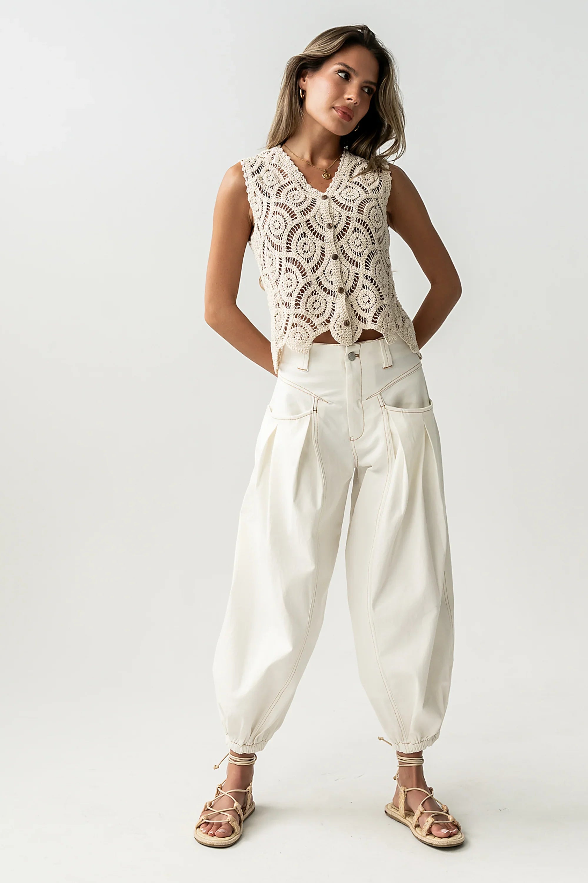 Vicky Crochet Vest in Tan