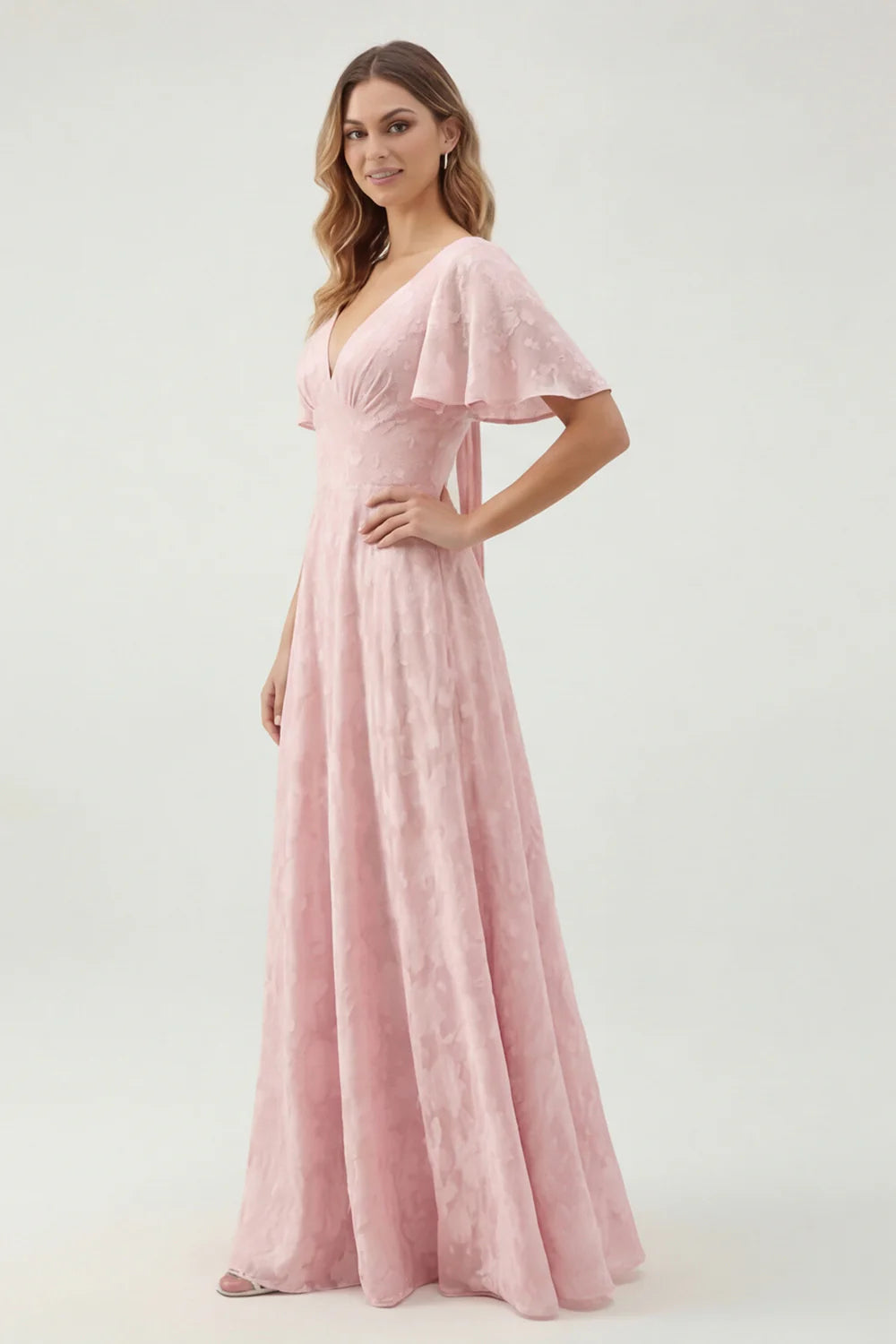A Line Sage Green Floral Jacquard Flutter Sleeves Maxi Dress with Bow Back