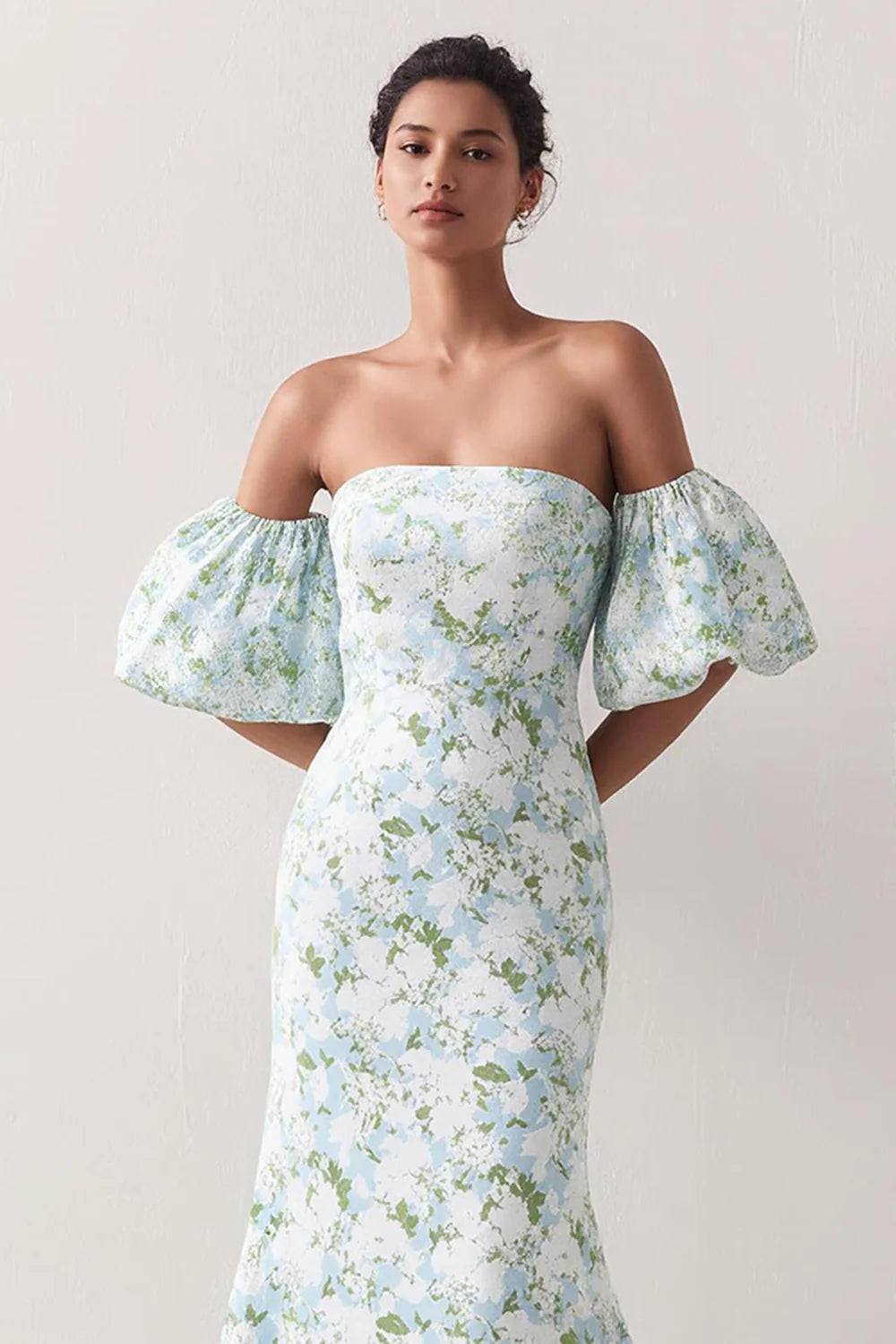 Blue White Flower Mermaid Strapless Satin Convertible Dress with Removable Sleeves