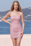 Sparkly Pink Strapless Bodycon Homecoming Dress with Lace up Back