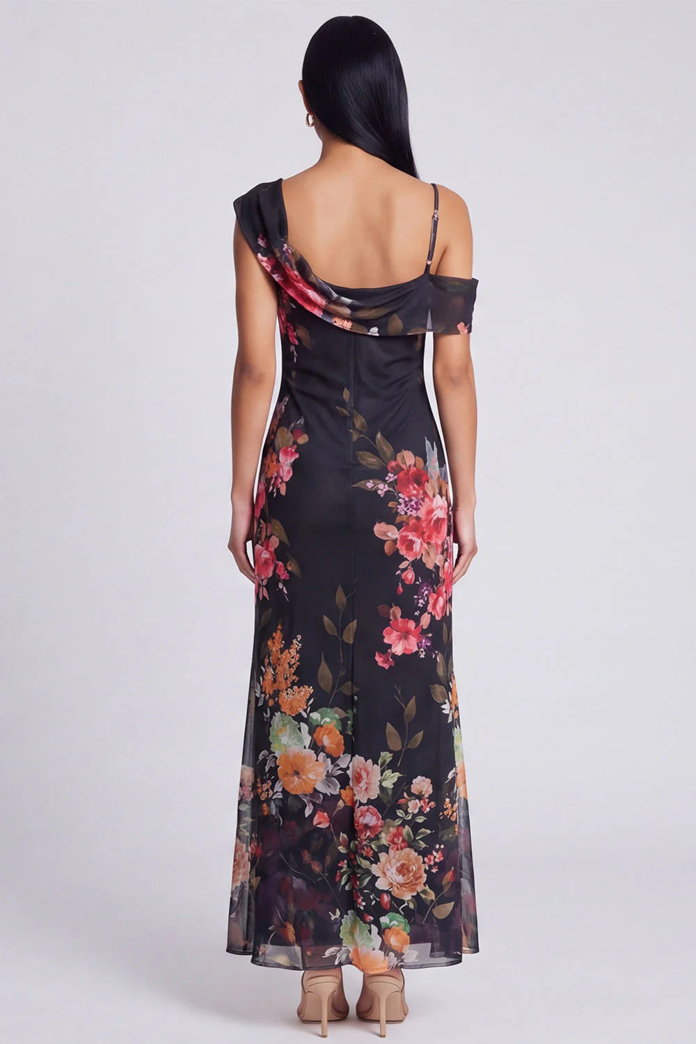 Champagne Asymmetrical Neck Floral Wedding Guest Dress