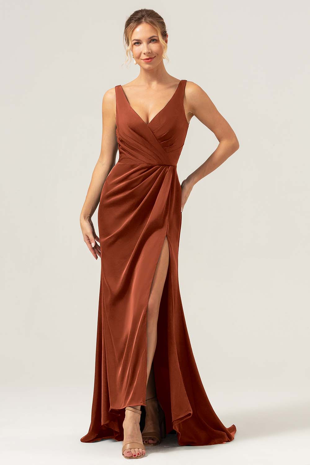 Burgundy Mermaid V Neck Ruched High Low Long Satin Bridesmaid Dress with Slit