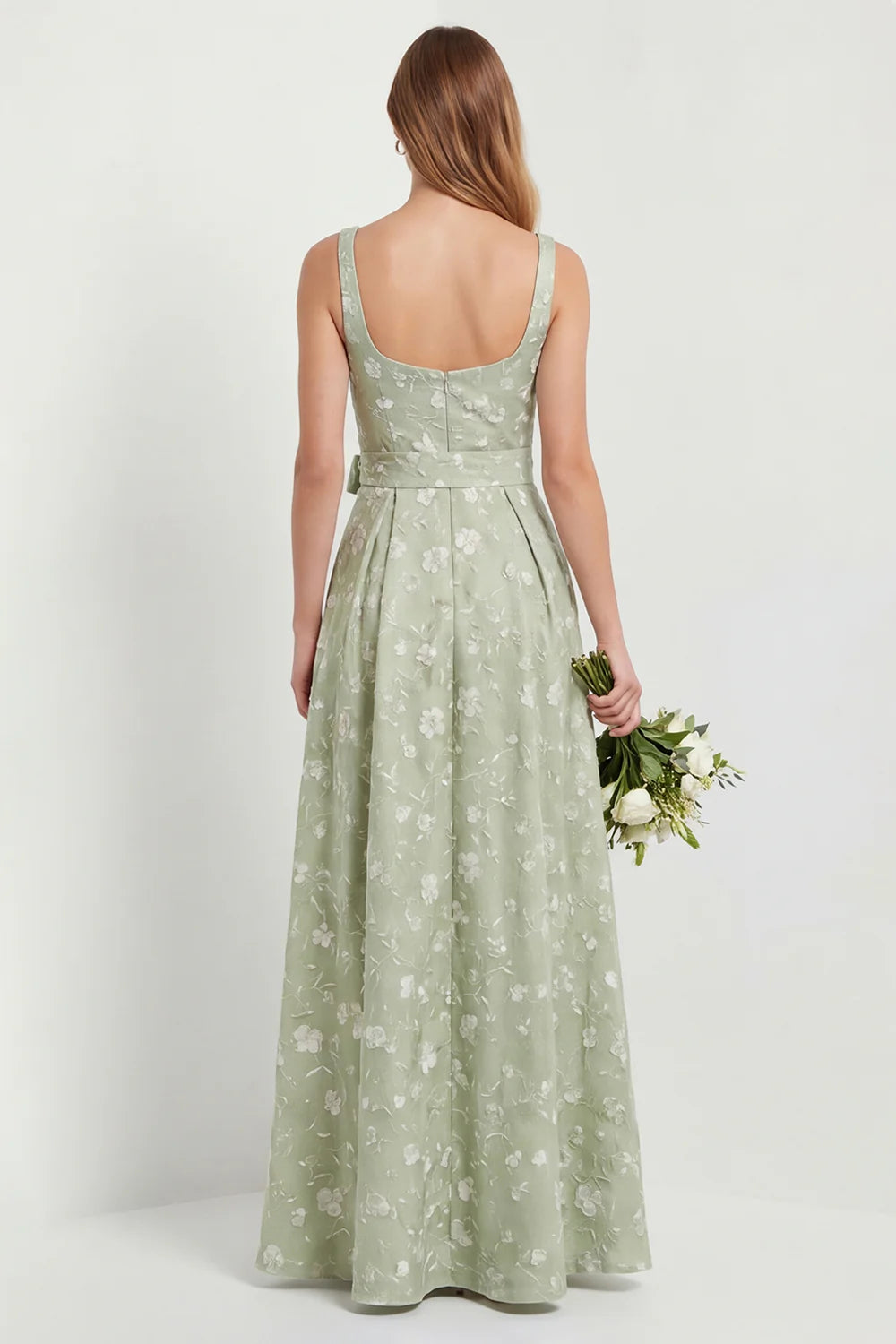 Sage A Line Square Neck Floral Jacquard Bridesmaid Dress with Slit