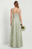Sage A Line Square Neck Floral Jacquard Bridesmaid Dress with Slit