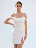 Off the Shoulder Short Satin Cowl Neck Simple Formal Wedding Dress With Slit