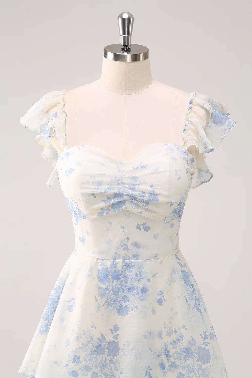 White Blue Floral A Line Off The Shoulder Tiered Print Bridesmaid Dress