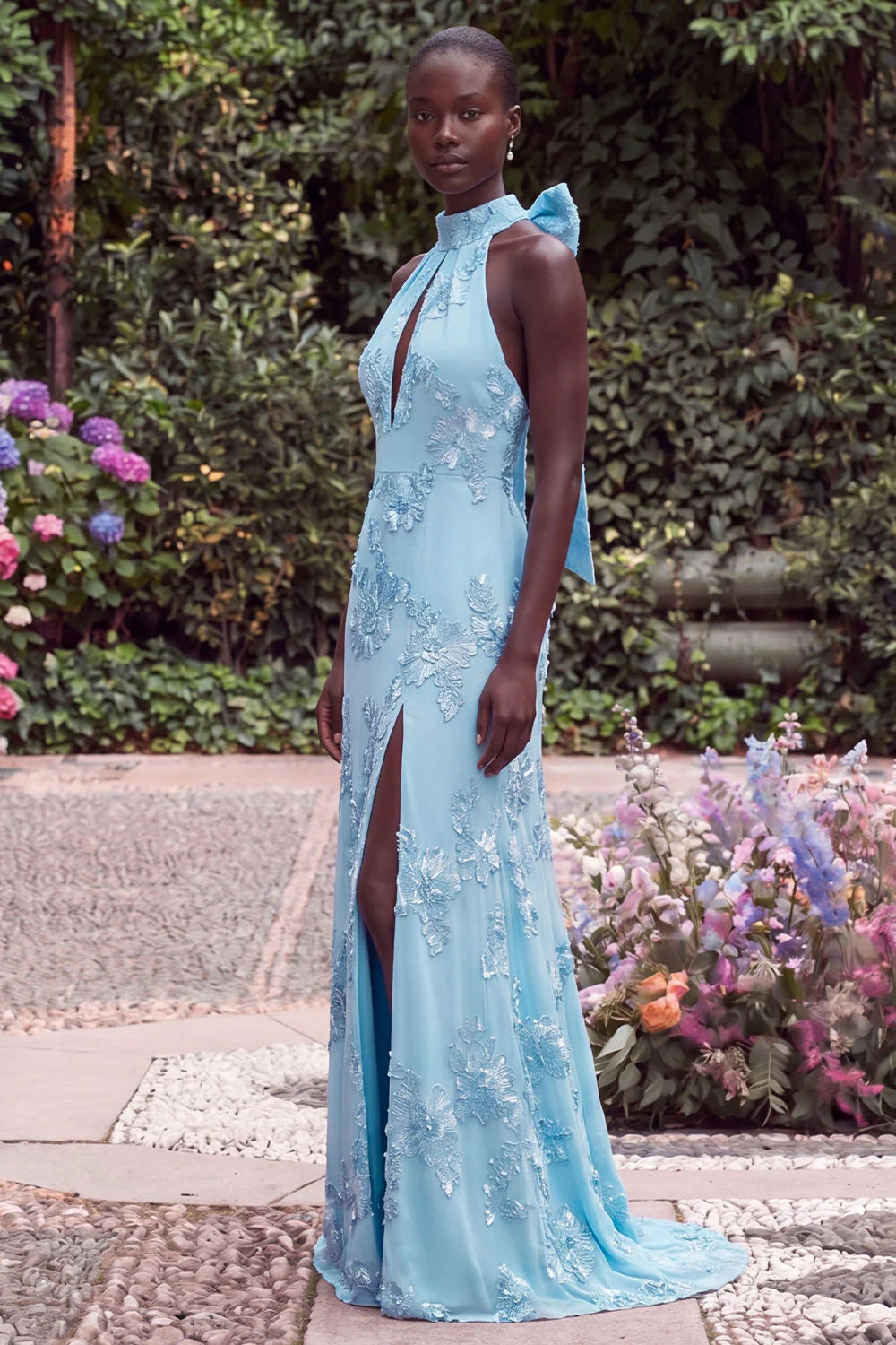 Halter Blue Mermaid Floral Embroidery Bow Keyhole Maxi Dress with Slit