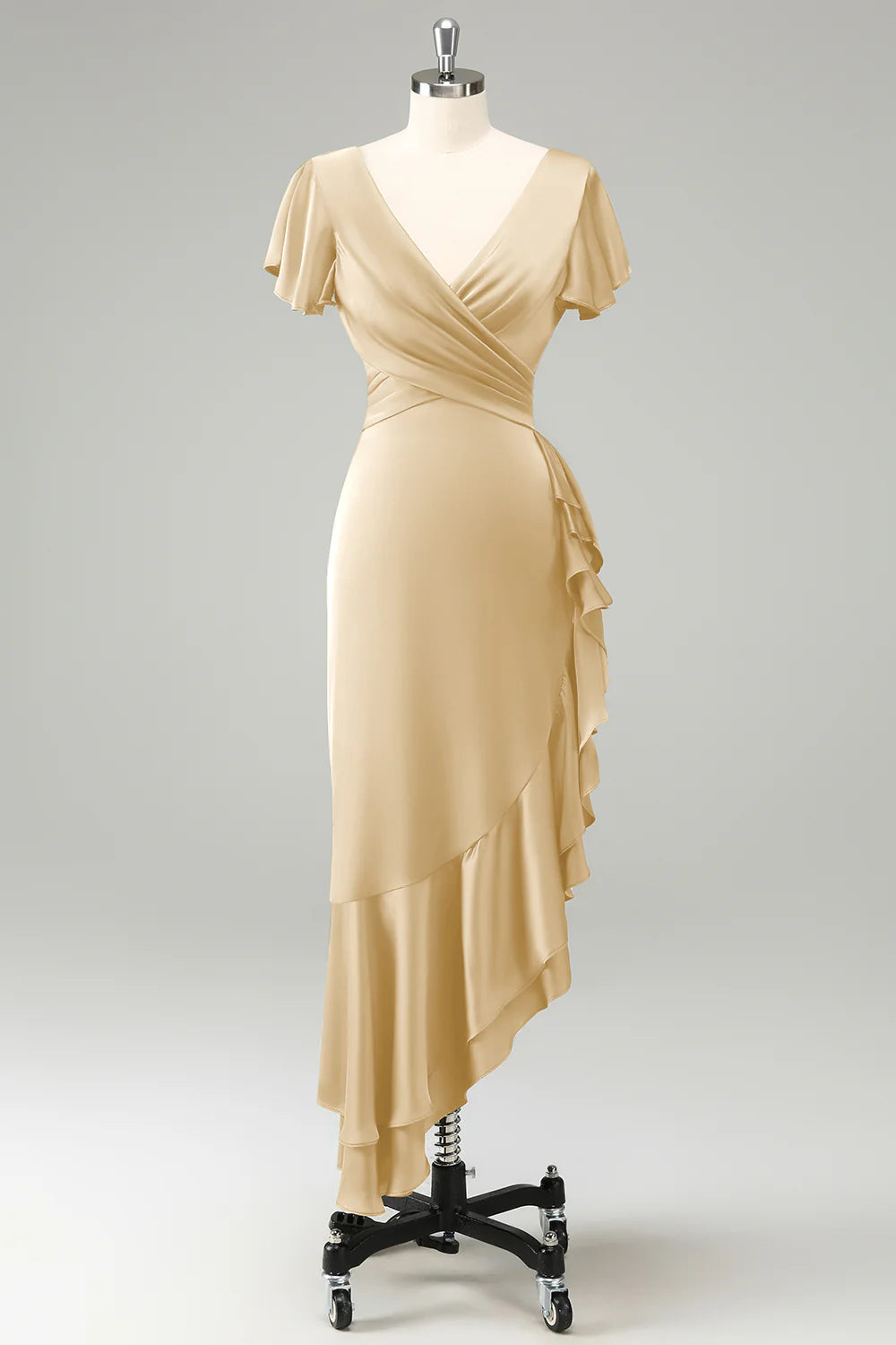 Elegant Dusty Sage A Line V Neck Short Sleeves Asymmetrical Bridesmaid Dress with Ruffles