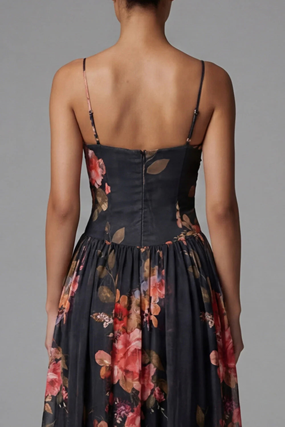 Black A Line Printed Ruched Long Formal Dress