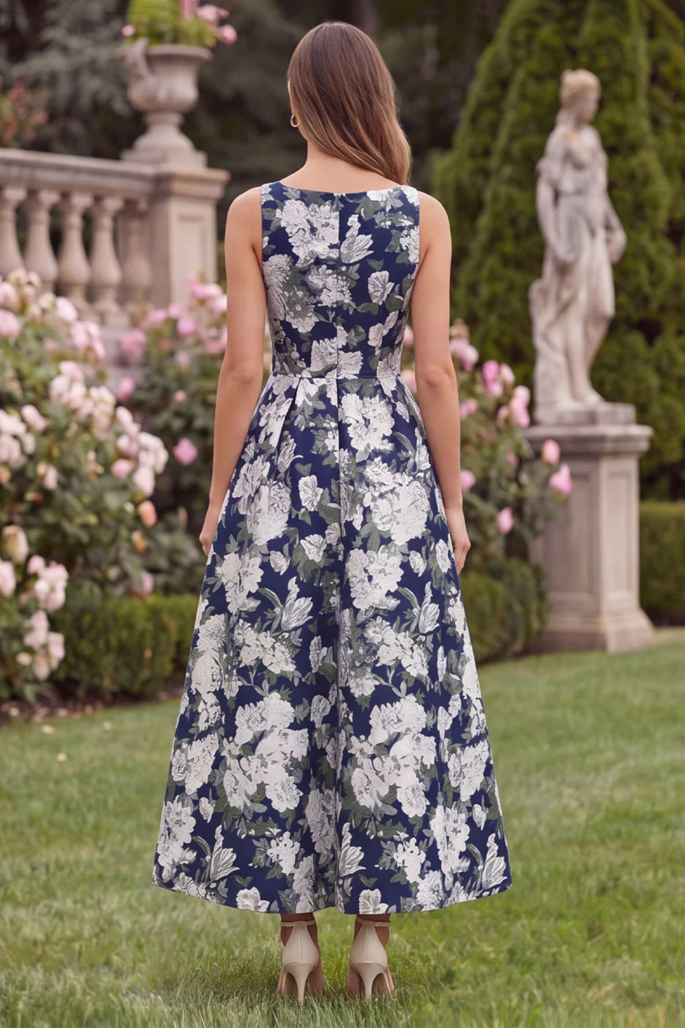 Navy Floral A Line Midi Wedding Guest Dress with Bow
