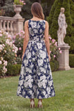Navy Floral A Line Midi Wedding Guest Dress with Bow