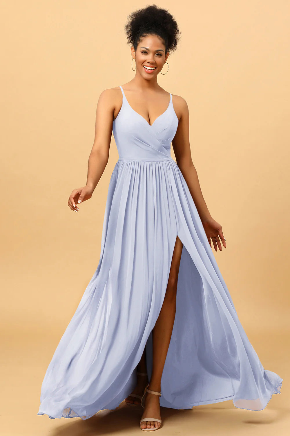 A Line Spaghetti Straps Ruched Long Chiffon Bridesmaid Dress with Slit