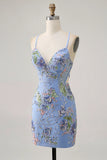 Floral Blue Short Tight Homecoming Dress with Appliques