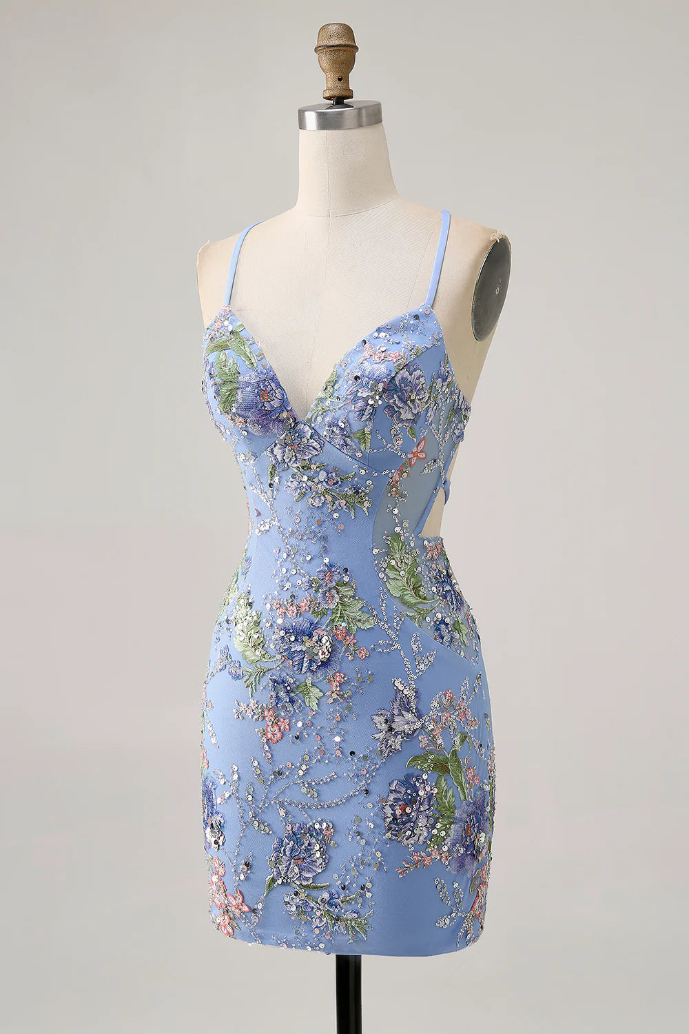 Peacock Floral Tight Spaghetti Straps Short Homecoming Dress with Sequins