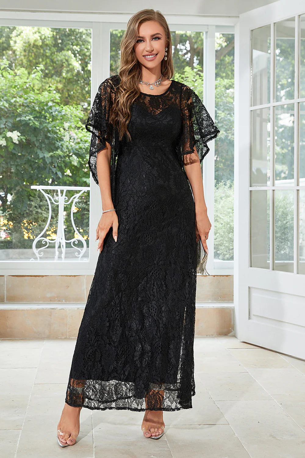 Elegant A Line Round Neck Floor Length Lace Dusty Rose Evening Dress