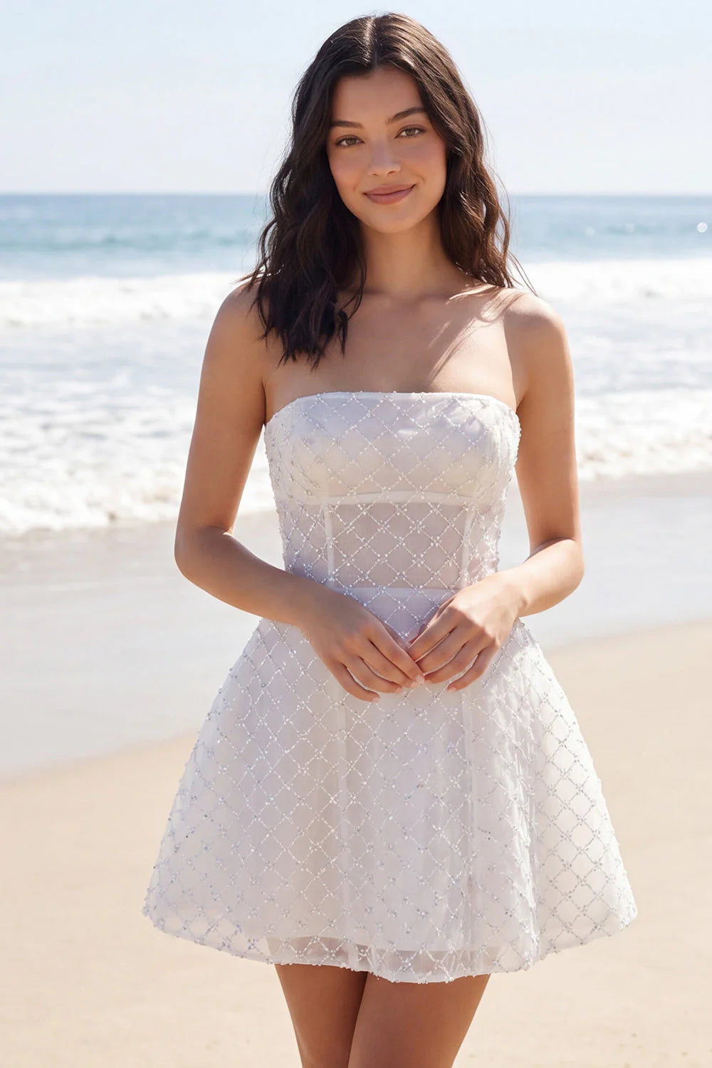 Strapless Ivory A Line Corset Beaded Mini Dress