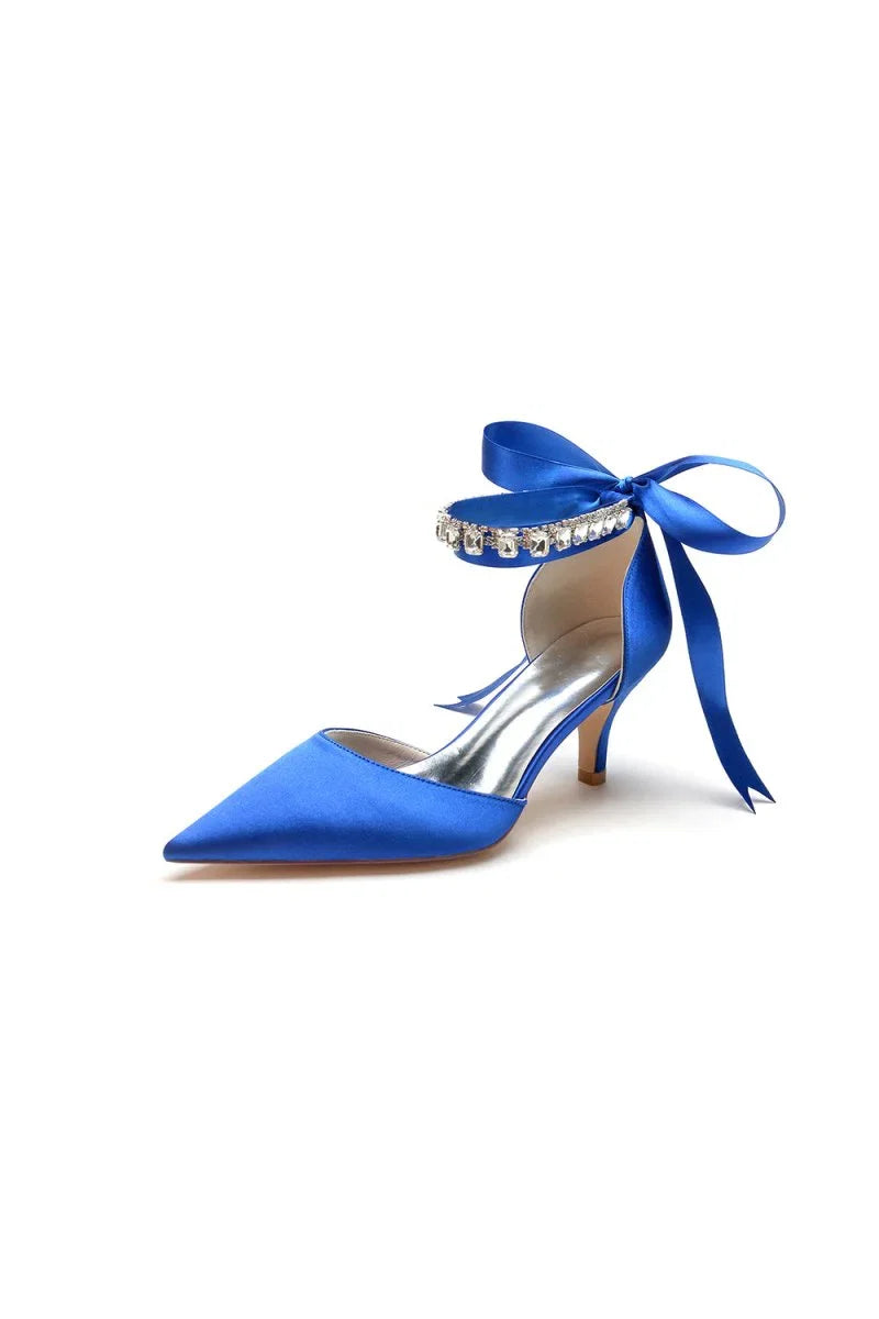 Pointed Toe Ribbons Kitten Heels With Diamond