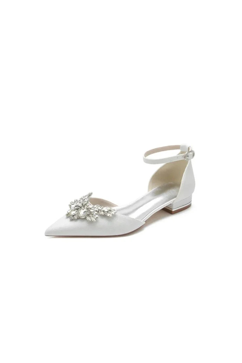 Casual Pointed Toe Ankle Strap Low Heels with Rhinestone
