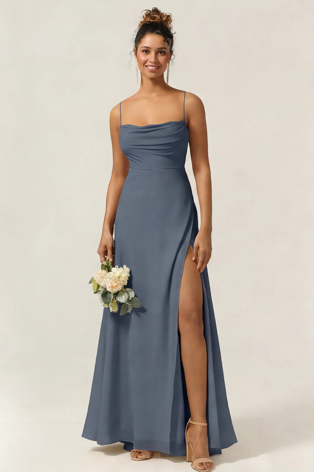 Blue Flower A Line Spaghetti Straps Chiffon Long Bridesmaid Dress with Slit