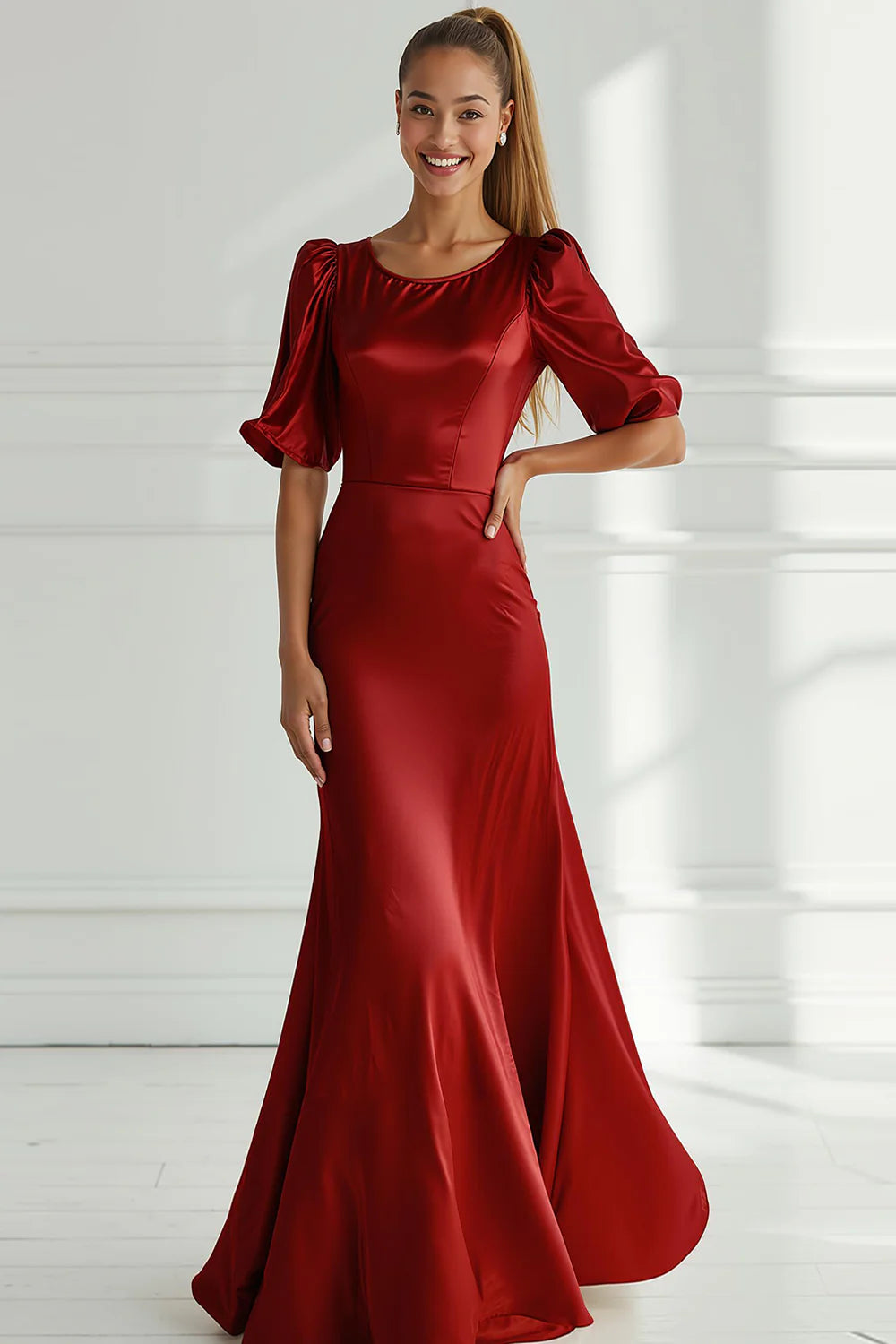 Champagne Mermaid Scoop Nevk Formal Dress with Half Sleeves