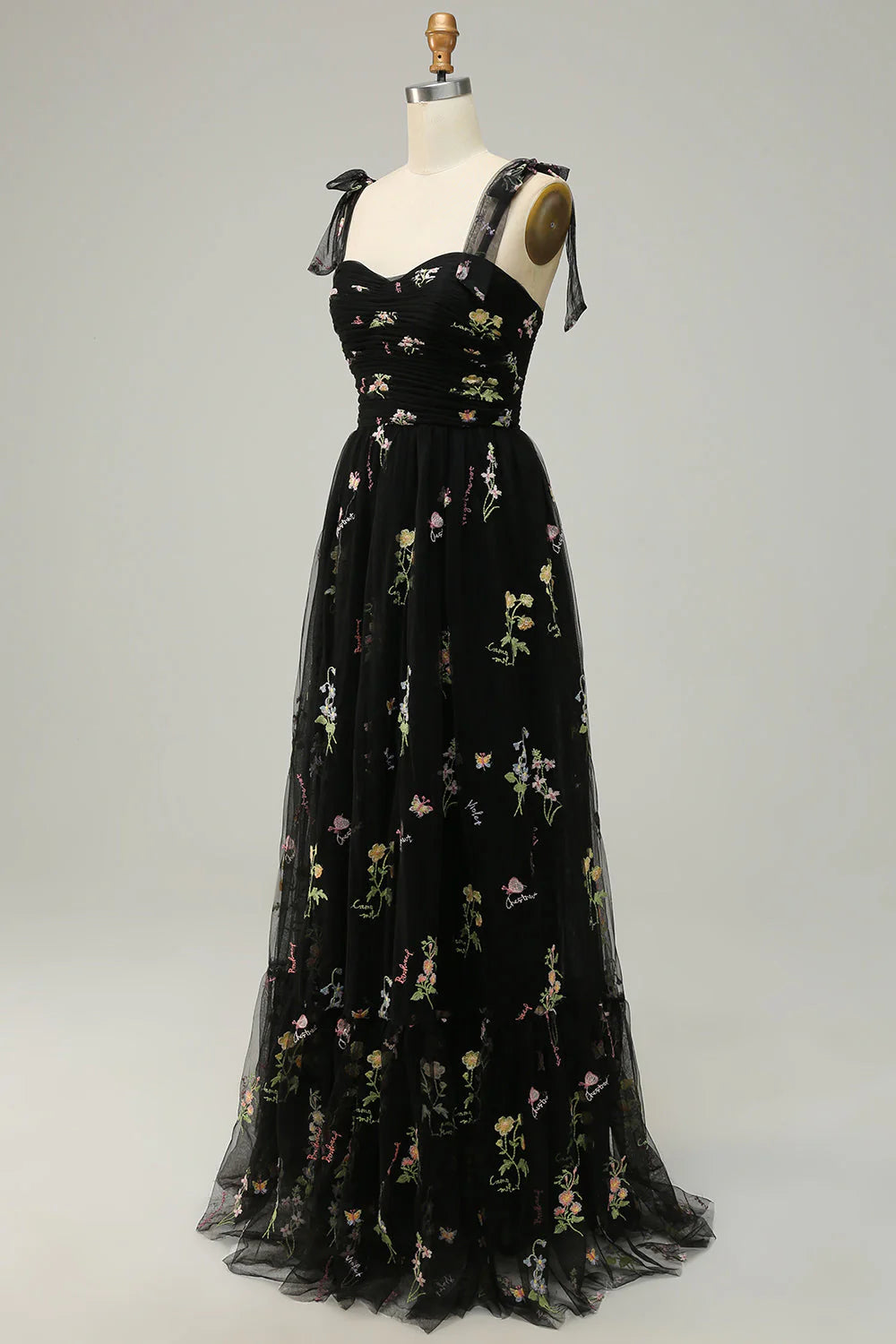 Grey Blue A Line Spaghetti Straps Tulle Floral Long Prom Dress With Embroidery