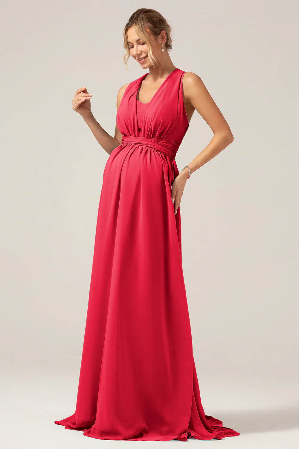 A Line Chiffon Convertible Dusty Blue Long Maternity Bridesmaid Dress