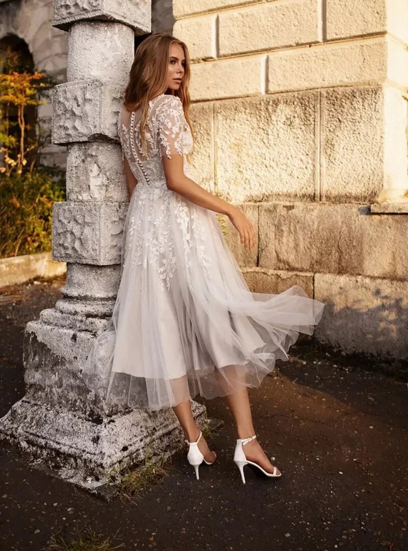 Tea Length Sleeves Ethereal Modern A Line V Neck Button Back Wedding Dress