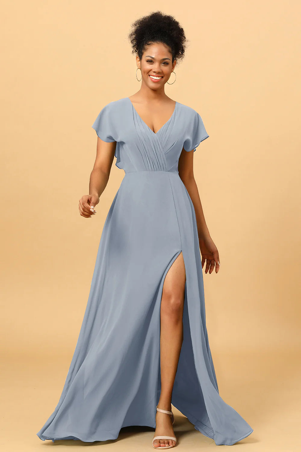 A Line V Neck Ruched Chiffon Bridesmaid Dress with Slit