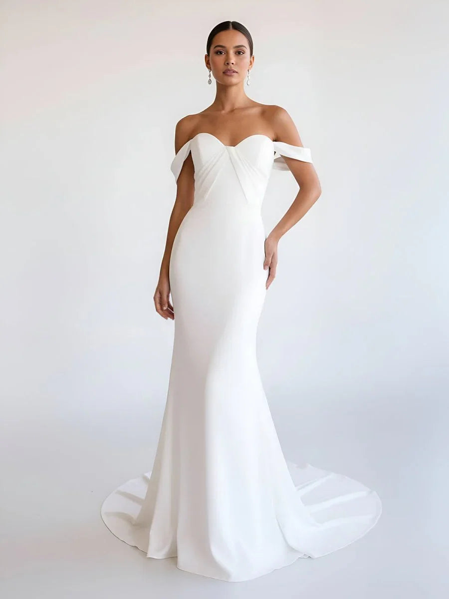 Simple White Mermaid Off the Shoulder Boho Wedding Dress