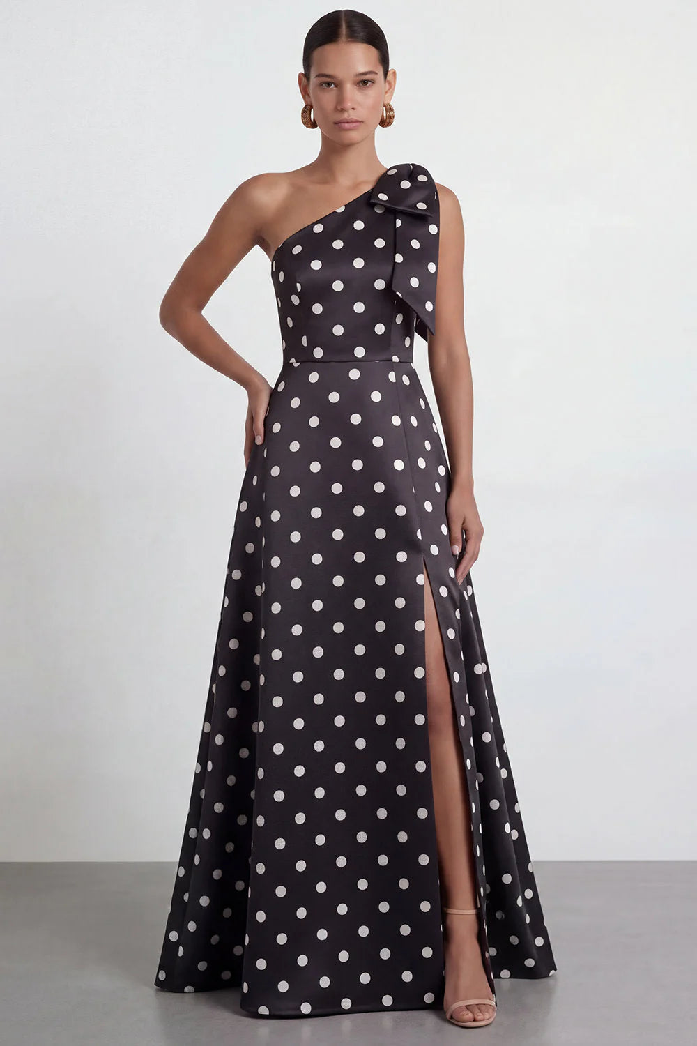 Green White Polka Dot One Shoulder A Line Formal Dress with Slit