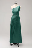 Dark Green Sheath One Shoulder Satin Long Bridsmaid Dress
