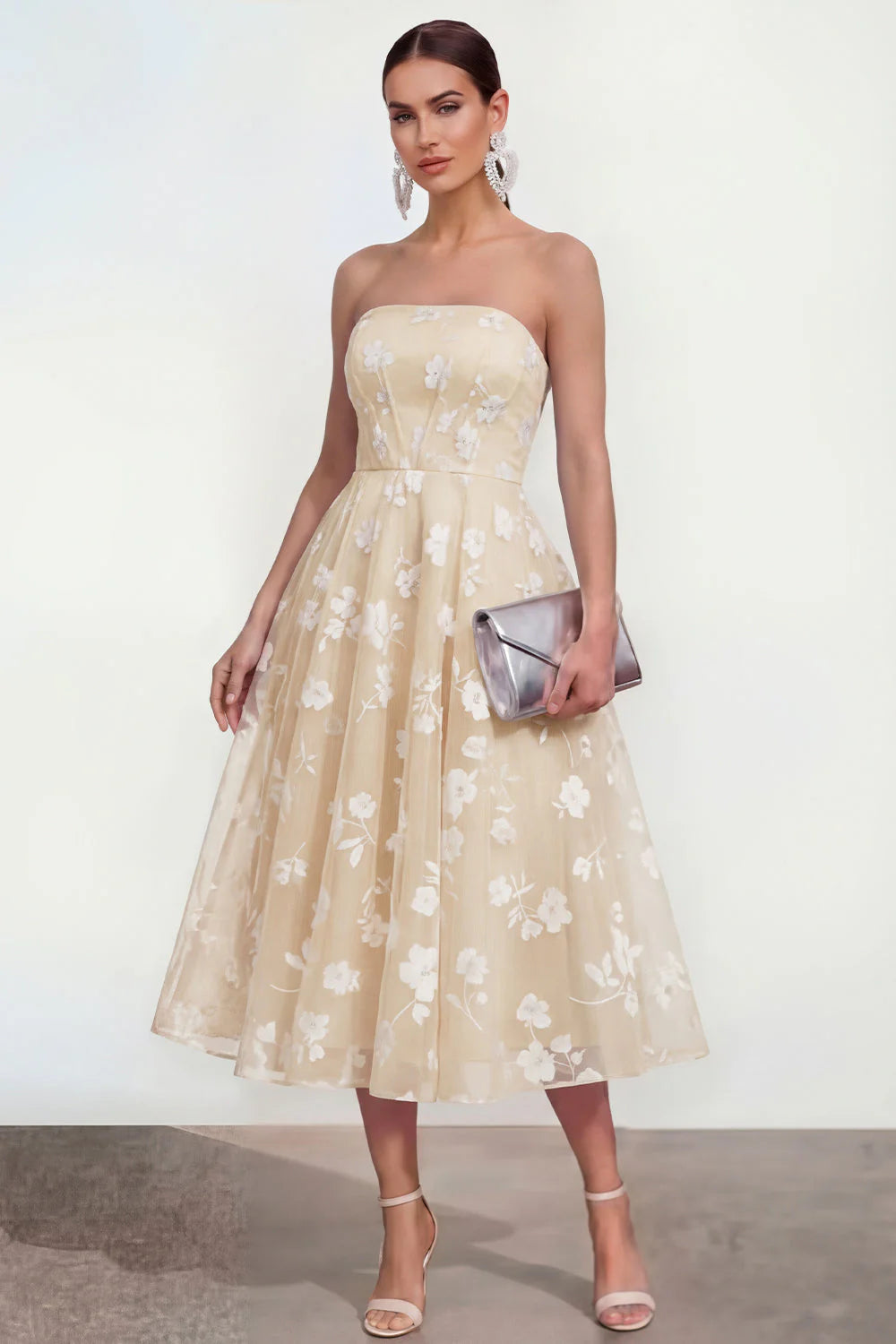 Strapless Floral Blue A Line Wedding Guest Dress