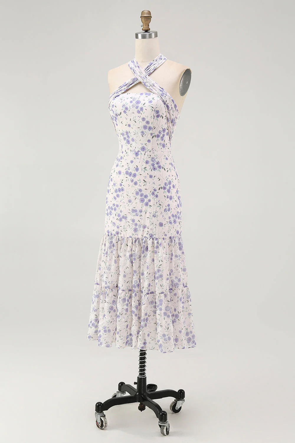Blue Floral Halter Neck A Line Tiered Chiffon Midi Dress