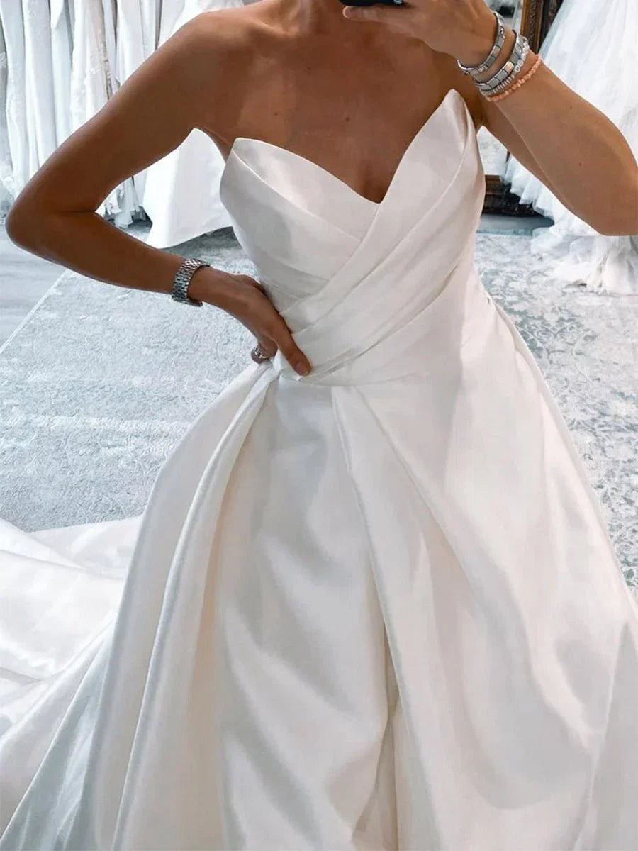 White Satin Long A Line Wedding Dress with Slit