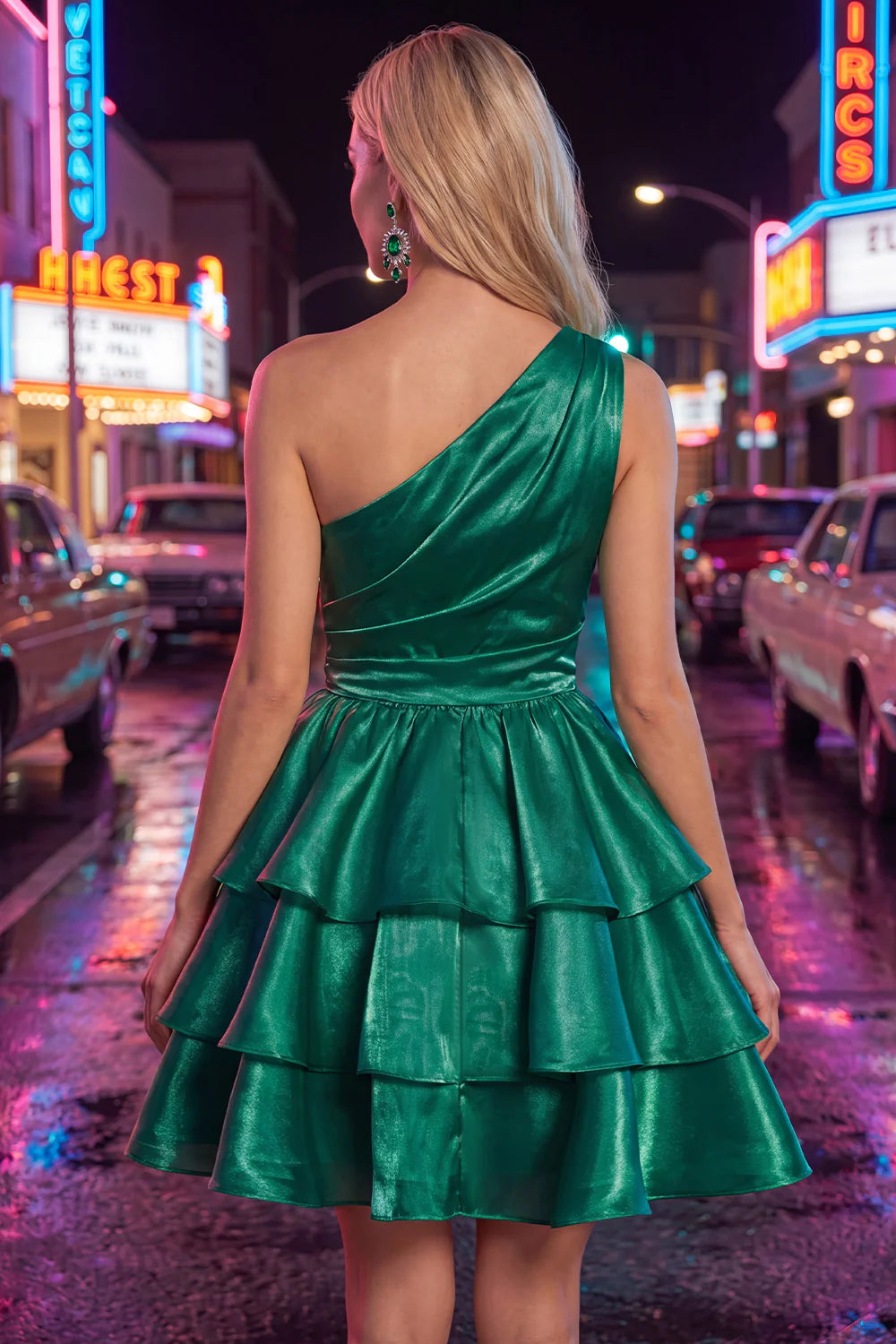 One Shoulder Tiered Ruffle A Line Dark Green Homecoming Dress
