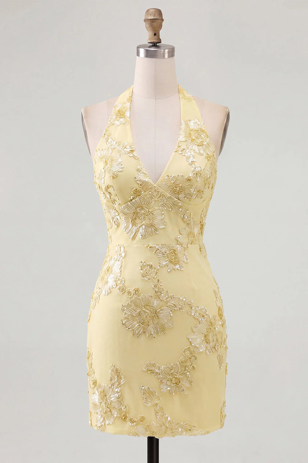 Light Blue Halter Bodycon Floral Short Homecoming Dress