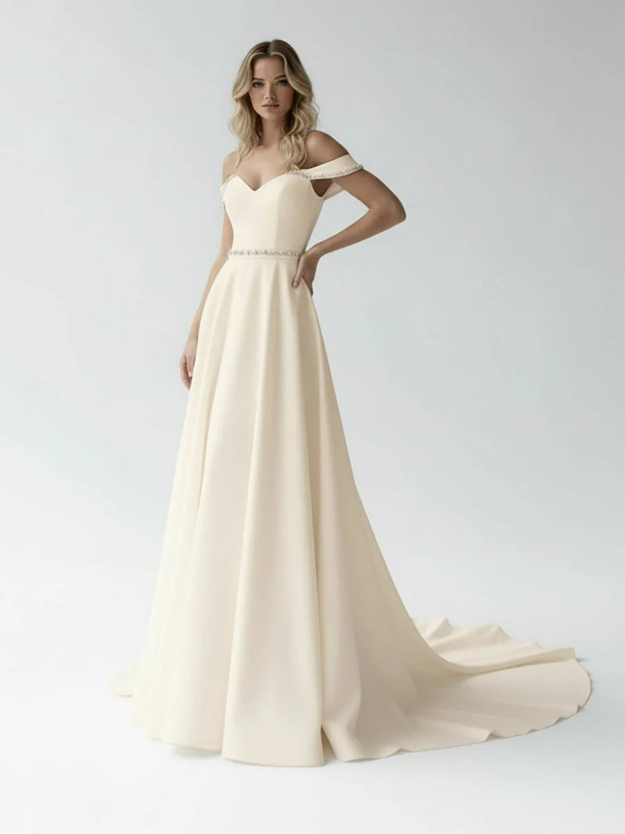 A Line Off the Shoulder Beaded Wedding Dress
