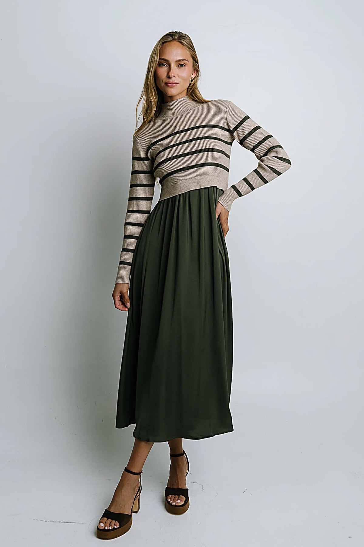 Zeda Midi Dress in Olive Stripe