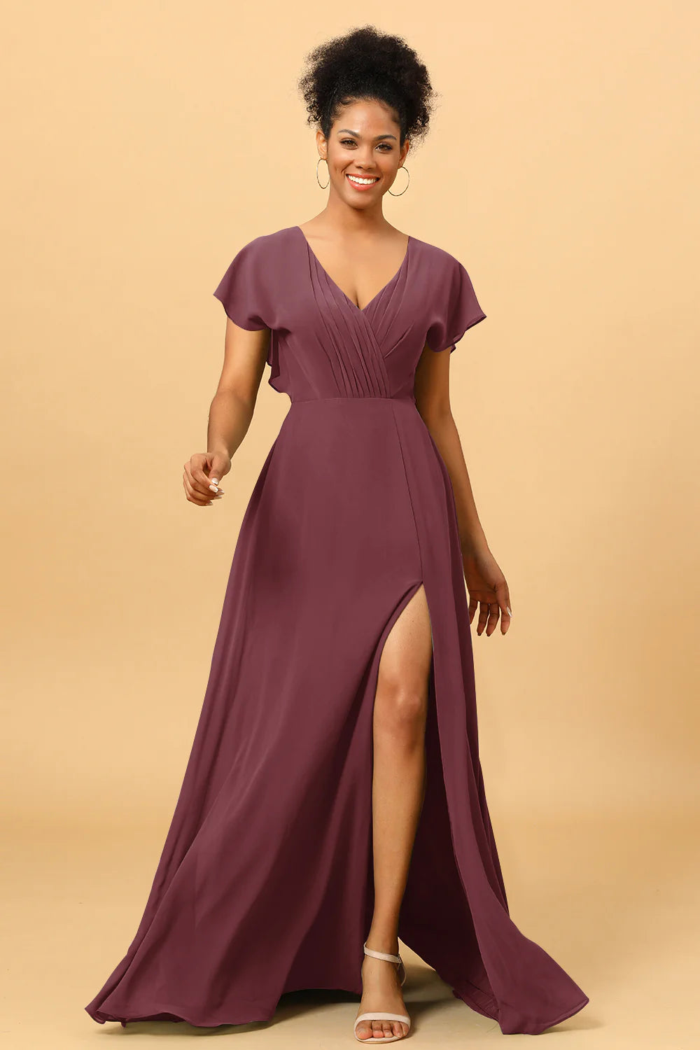 A Line V Neck Ruched Chiffon Bridesmaid Dress with Slit
