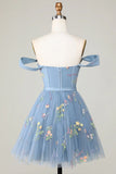 Cute Grey Blue A Line Sweetheart Convertible Short Homecoming Dress with Embroidery