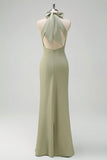 Elegant Sage Mermaid High Neck Satin Open Back Floor Length Bridesmaid Dress