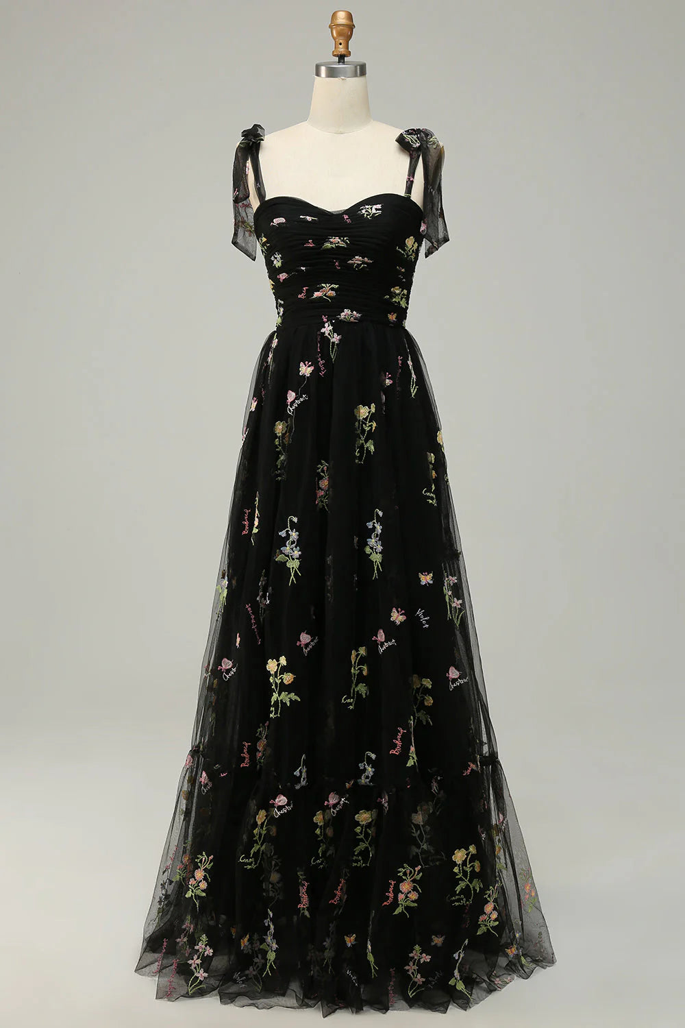 Grey Blue A Line Spaghetti Straps Tulle Floral Long Prom Dress With Embroidery