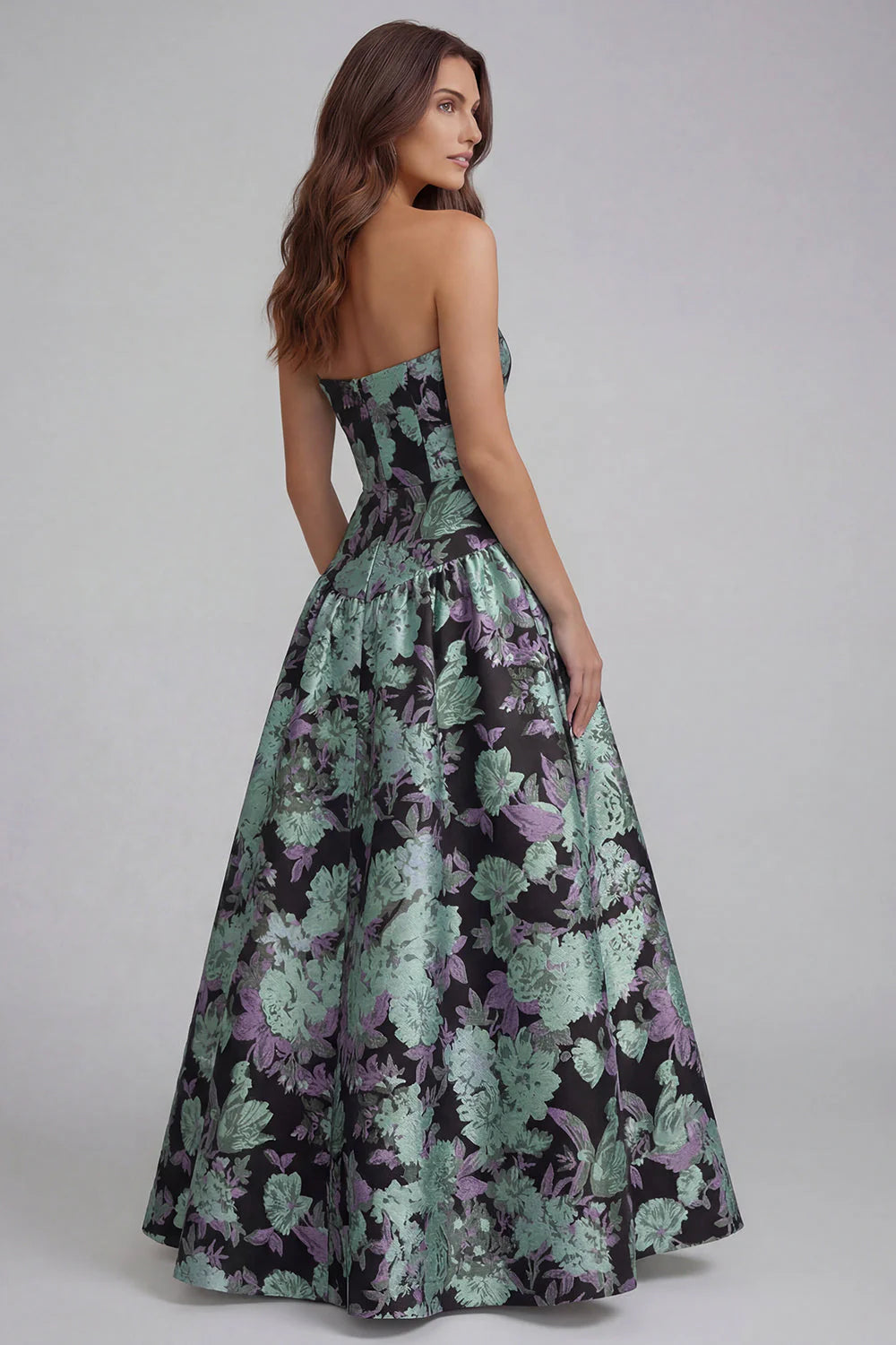 Blue White Flower Printed Strapless A Line Long Wedding Guest Dress